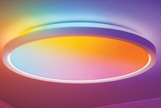 Nanoleaf Smart Multicolor Ceiling Light flush-mounted circular fixture showing dual-sided illumination in dynamic colors