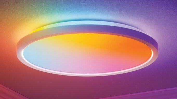 Nanoleaf Smart Multicolor Ceiling Light Debuts at $80 With Matter Support Nanoleaf Smart Multicolor Ceiling Light flush-mounted circular fixture showing dual-sided illumination in dynamic colors