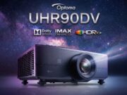 Optoma UHR90DV projector with Dolby Vision, IMAX Enhanced, and HDR10+ logos