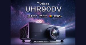 Optoma UHR90DV projector with Dolby Vision, IMAX Enhanced, and HDR10+ logos