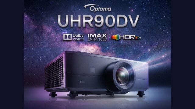 optoma-uhr90dv-flagship-2026 Optoma UHR90DV projector with Dolby Vision, IMAX Enhanced, and HDR10+ logos
