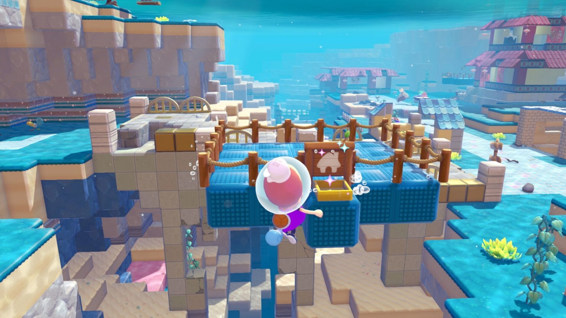 Pokémon Pokopia buoyant blocks enabling layered underwater builds in Bubbly Basin