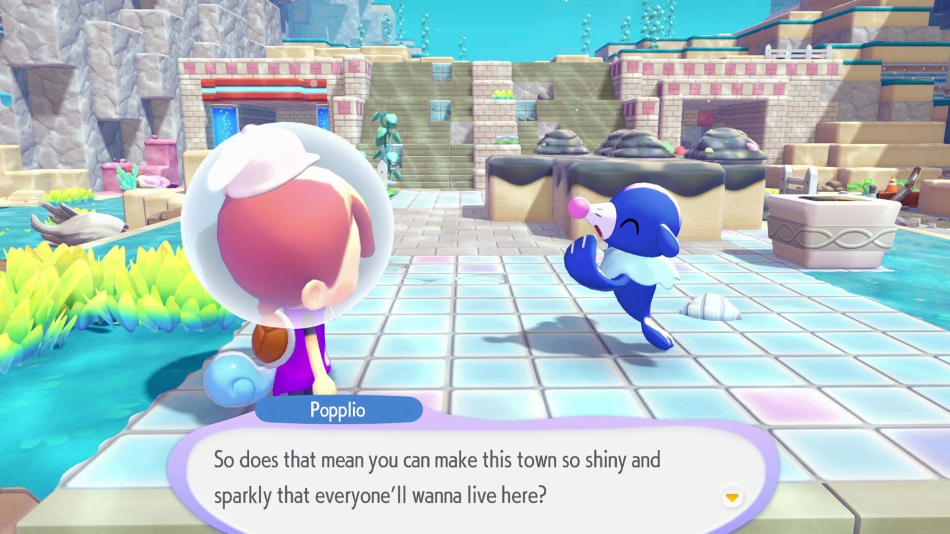 Pokémon Pokopia Bubbly Basin underwater town with Ditto and Popplio
