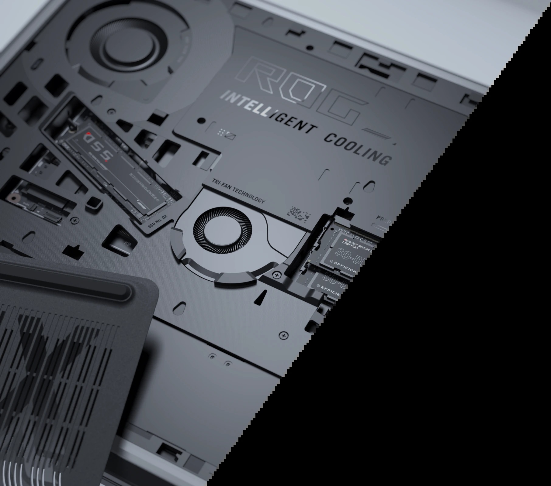 ROG Strix G18 2026 internals showing fans, RAM, and storage access