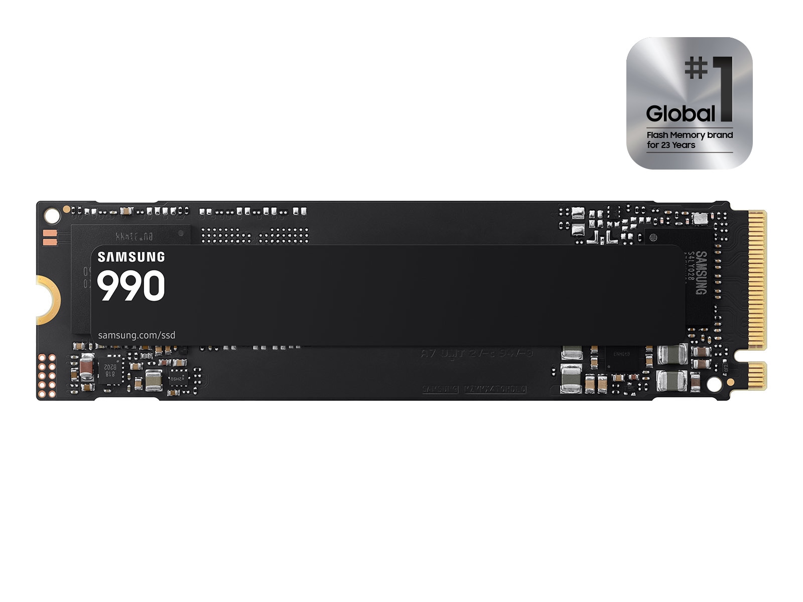 Samsung 990 NVMe M.2 SSD, official product render on a black background