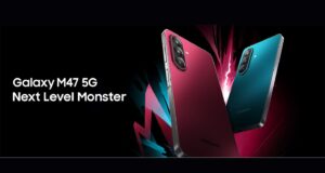 Samsung Galaxy M47 5G official hero image showing Rogue Red and Blaze Blue phones