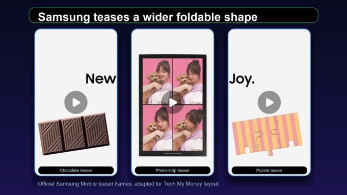 Samsung Wide Foldable Teasers Point to a New Shape Samsung Mobile teaser frames hinting at a wider foldable shape