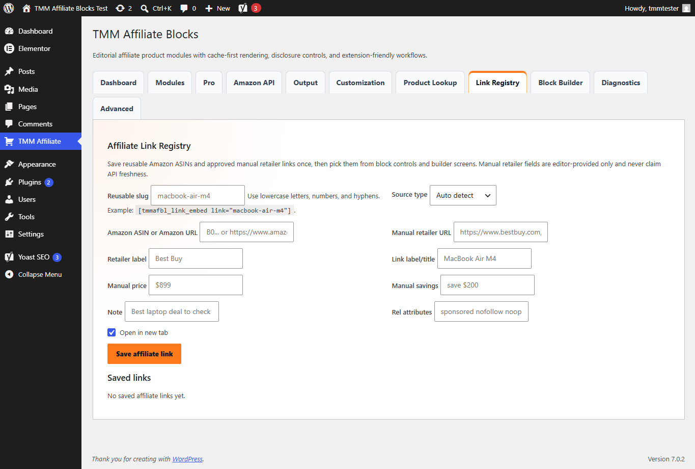 TMM Affiliate Blocks Pro workflow dashboard with analytics, link health, cache health, CSV, migration, kits, comparisons, ratings, and styles