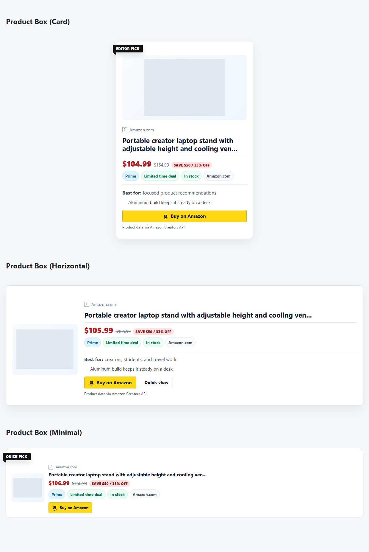 TMM Affiliate Blocks Free Product Box Card Horizontal and Minimal responsive layout options