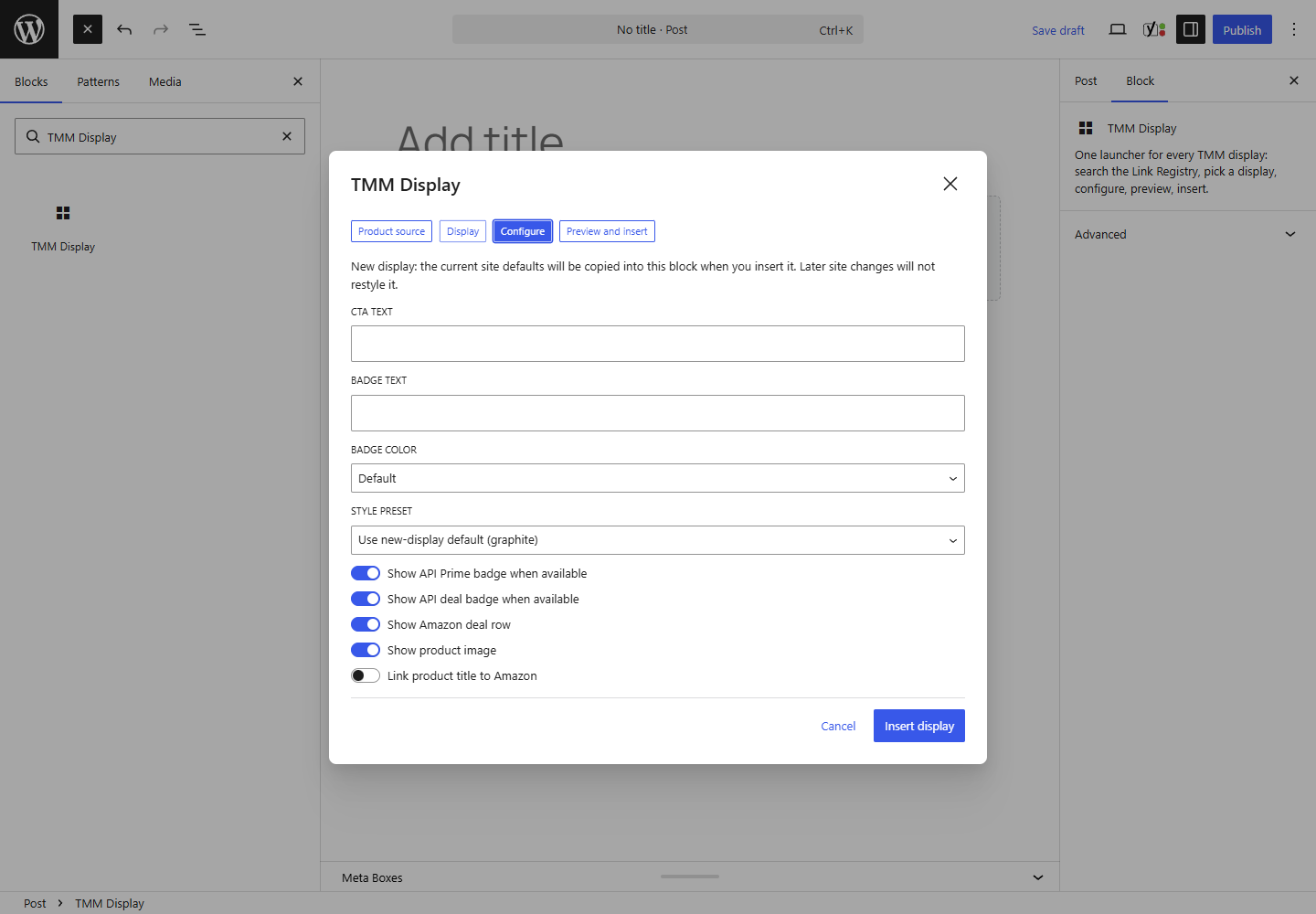TMM Affiliate Blocks Pro dashboard with workflow, analytics, link health, cache health, CSV, migration, kits, comparisons, ratings, and styles