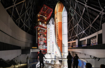 Space Shuttle Endeavour Returns to Public View November 13 in Launch Position Rendering of Space Shuttle Endeavour standing in launch position inside the Samuel Oschin Shuttle Gallery