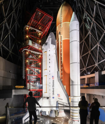 Space Shuttle Endeavour Returns to Public View November 13 in Launch Position Rendering of Space Shuttle Endeavour standing in launch position inside the Samuel Oschin Shuttle Gallery