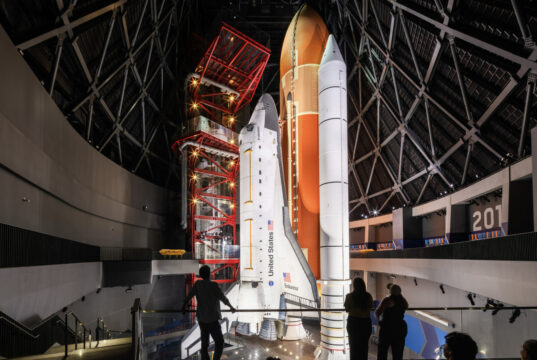 Rendering of Space Shuttle Endeavour standing in launch position inside the Samuel Oschin Shuttle Gallery