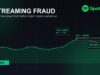 Spotify Streaming Fraud: Kalshi Bets Expose Rigged Charts Illustration showing Spotify's official logo above a chart line spiking then correcting, with a Kalshi brand-color badge and the reported streaming-fraud figures