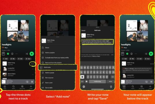 Spotify User Notes feature UI showing a personal caption on a playlist track