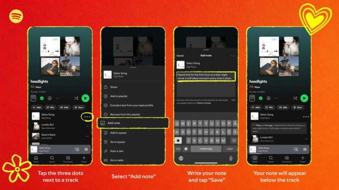 Spotify User Notes Let You Caption Songs in Playlists Spotify User Notes feature UI showing a personal caption on a playlist track