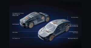 Tesla Cybercab cutaway diagram showing Starlink Integration antenna GPS 5G LTE and camera suite