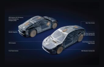 Tesla Cybercab Gets Built-In Starlink V5 Connectivity Tesla Cybercab cutaway diagram showing Starlink Integration antenna GPS 5G LTE and camera suite