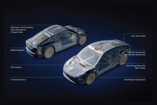 Tesla Cybercab cutaway diagram showing Starlink Integration antenna GPS 5G LTE and camera suite
