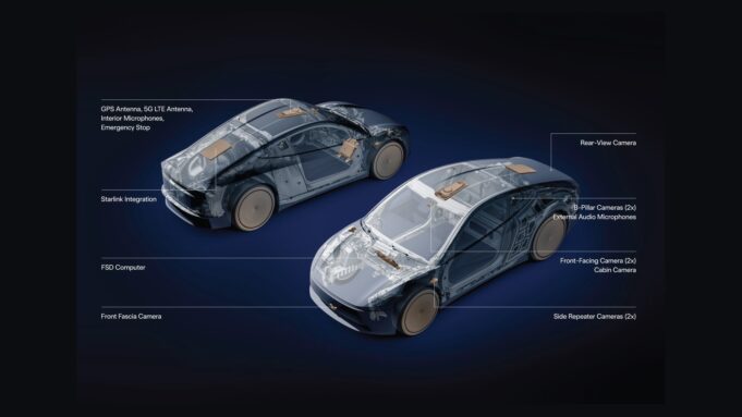 Tesla Cybercab cutaway diagram showing Starlink Integration antenna GPS 5G LTE and camera suite