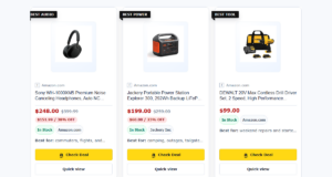 TMM Affiliate Blocks Free vs Pro: A WordPress Plugin for Editorial Publishers Three responsive TMM Affiliate Blocks product cards with product images, editorial badges, pricing, stock, and affiliate calls to action