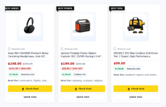 TMM Affiliate Blocks Free vs Pro: A WordPress Plugin for Editorial Publishers Three responsive TMM Affiliate Blocks product cards with product images, editorial badges, pricing, stock, and affiliate calls to action