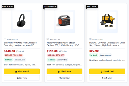 Three responsive TMM Affiliate Blocks product cards with product images, editorial badges, pricing, stock, and affiliate calls to action