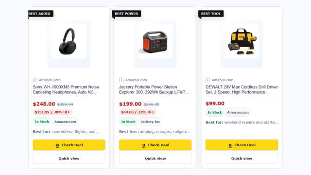 TMM Affiliate Blocks reader-facing product card grid Three responsive TMM Affiliate Blocks product cards with product images, editorial badges, pricing, stock, and affiliate calls to action