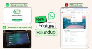 WhatsApp feature roundup graphic showing iPad Create new account, car app, and PDF tools