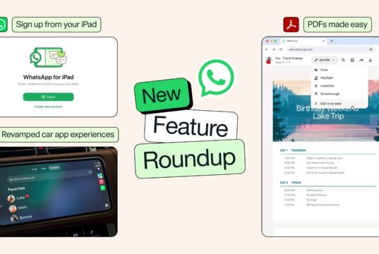 WhatsApp feature roundup graphic showing iPad Create new account, car app, and PDF tools