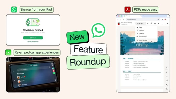WhatsApp feature roundup graphic showing iPad Create new account, car app, and PDF tools