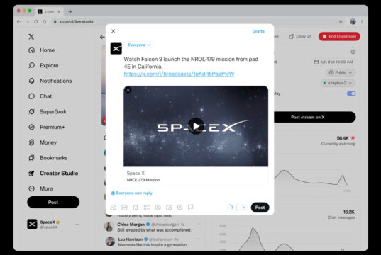 X Live Studio interface showing an open laptop screen with stream controls and creator dashboard