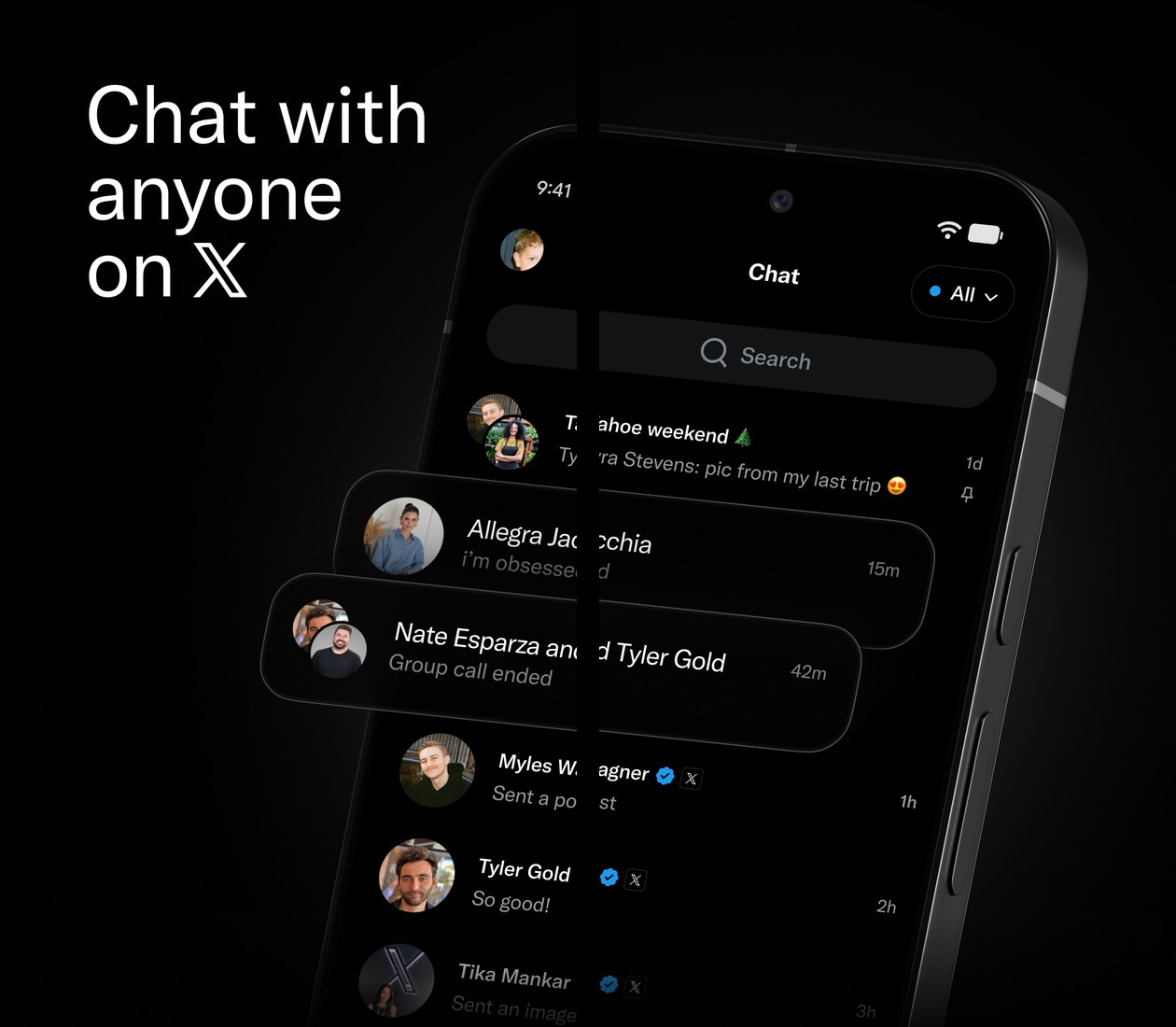 XChat Android app marketing screens showing the dark inbox and chat list from the Google Play listing