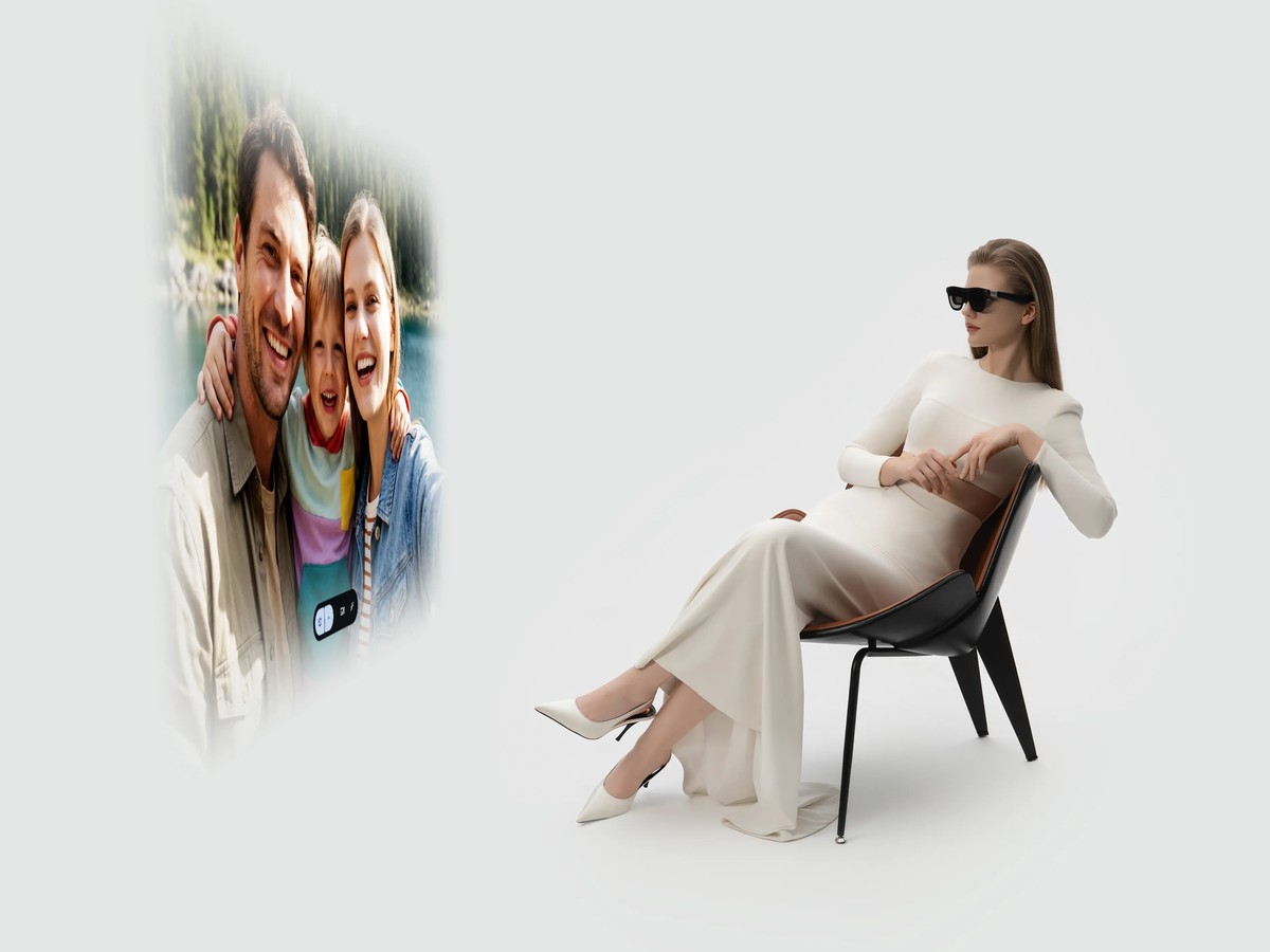 XREAL Aura projecting a private virtual screen in a living room