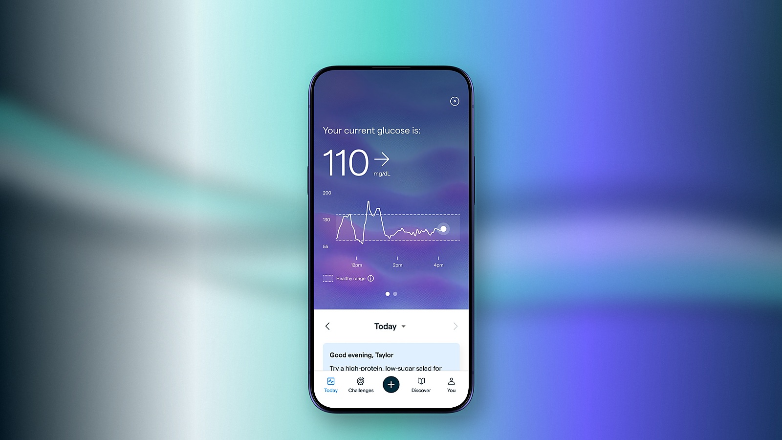 Abbott Lingo app showing an illustrative glucose graph and wellness coaching interface