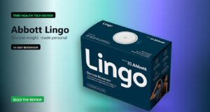 Abbott Lingo review graphic featuring the 14-day glucose biosensor retail box