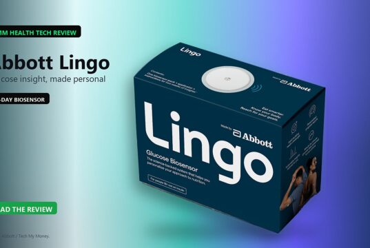Abbott Lingo review graphic featuring the 14-day glucose biosensor retail box