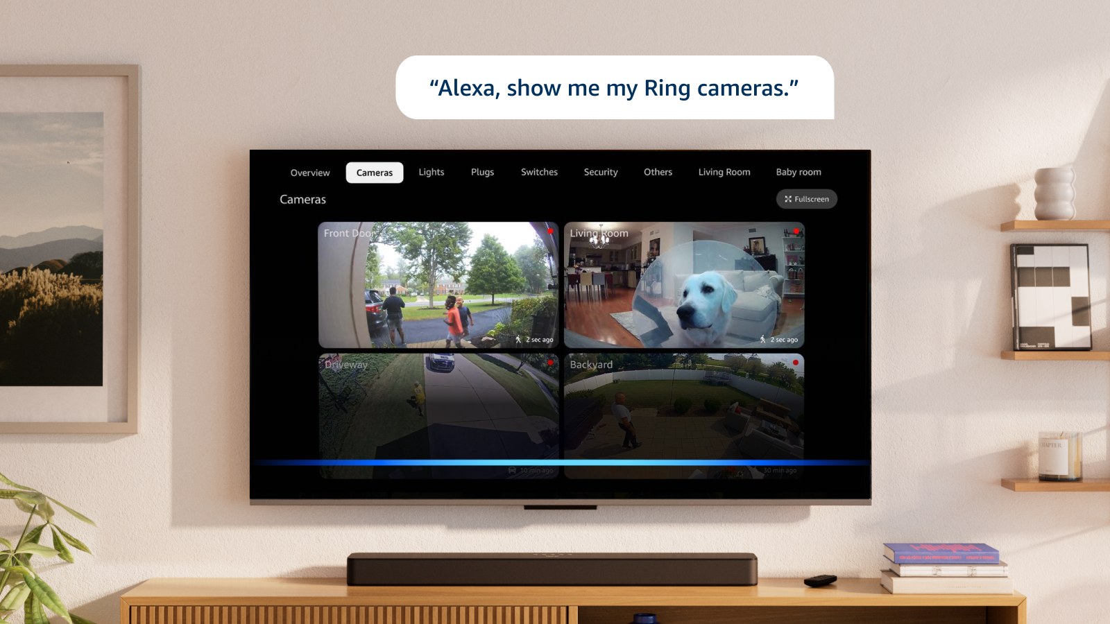 Wall-mounted Fire TV showing four Ring camera feeds after an Alexa Plus voice request