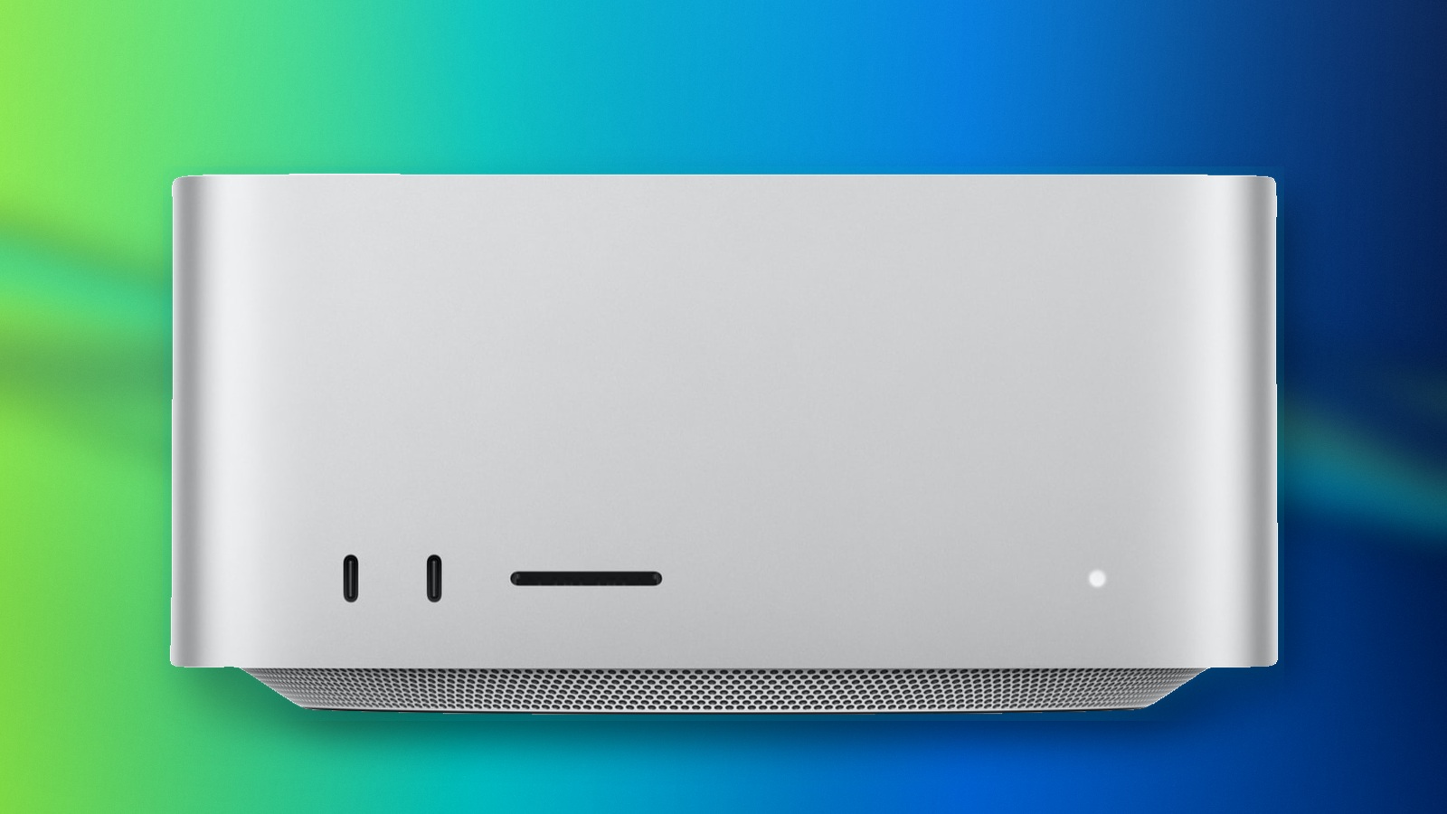 Apple M5 Ultra Mac Studio front view with ports, card slot, and vent grille