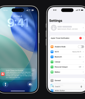 Apple Threat Notifications Warn Spyware Targets Apple Threat Notification banners on iPhone screens warning of a mercenary spyware attack