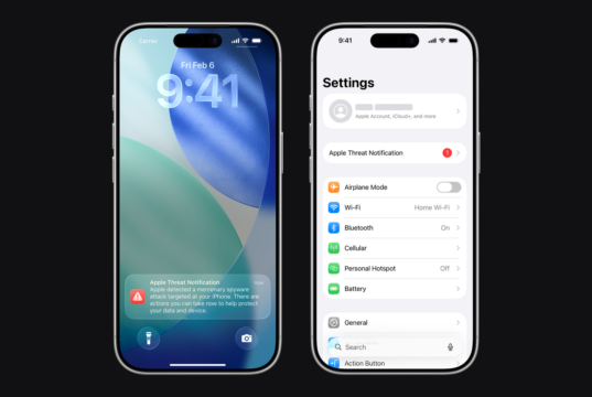 Apple Threat Notification banners on iPhone screens warning of a mercenary spyware attack