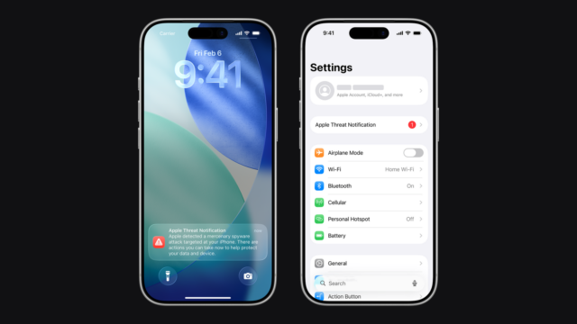 Apple Threat Notification banners on iPhone screens warning of a mercenary spyware attack