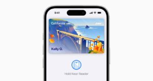 Apple Wallet IDs on iPhone showing a California mobile driver license and Hold Near Reader prompt