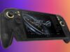 ASUS ROG XBOX Ally X20 translucent black handheld with gold accents on a violet, pink and gold editorial background
