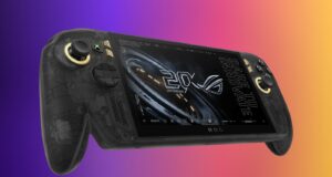 ASUS ROG XBOX Ally X20 translucent black handheld with gold accents on a violet, pink and gold editorial background