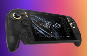 ASUS ROG XBOX Ally X20 translucent black handheld with gold accents on a violet, pink and gold editorial background
