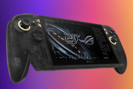 ASUS ROG XBOX Ally X20 translucent black handheld with gold accents on a violet, pink and gold editorial background