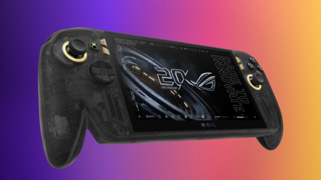ASUS ROG XBOX Ally X20 translucent black handheld with gold accents on a violet, pink and gold editorial background