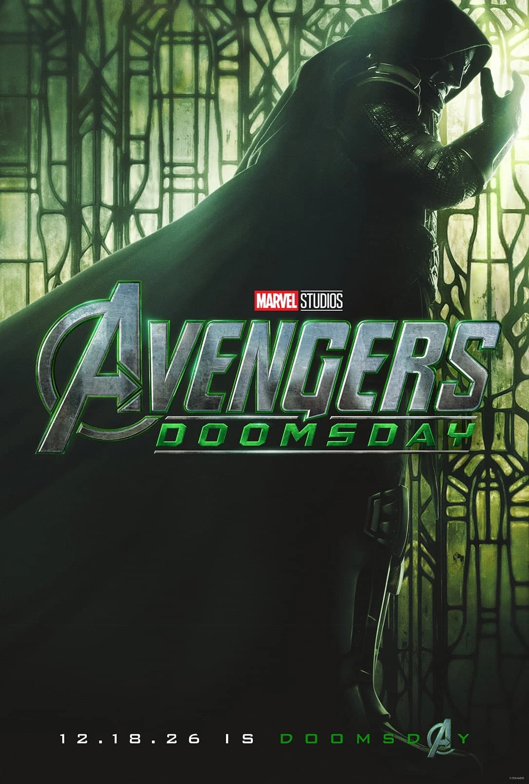 Official Avengers Doomsday D23 poster of Doctor Doom at a green stained-glass window