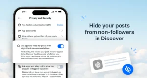 Instructional image titled "Hide your posts from non-followers in Discover" accompanied by a screenshot of the "privacy and security" options from the Bluesky settings menu. "Ask apps to hide my posts from algorithmic recommendations" is toggled to the "on" state.